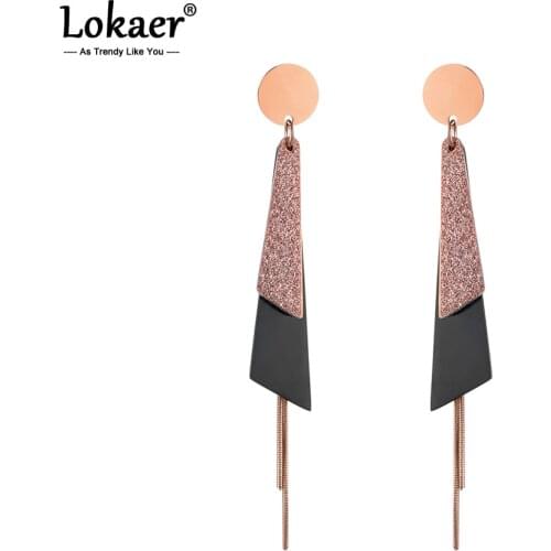 Lokaer Rose Gold Drop Earrings With Frosted & Black Sheet Long Tassel Stainless Steel Earrings Fashion Jewelry For Girls E18441