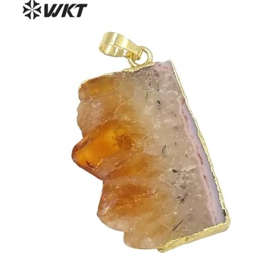 WT-P969 WKT Natural Yellow Stone Pendant with 24k gold Electroplated,Raw Stone Pendant Wholesale 5pcs/lot