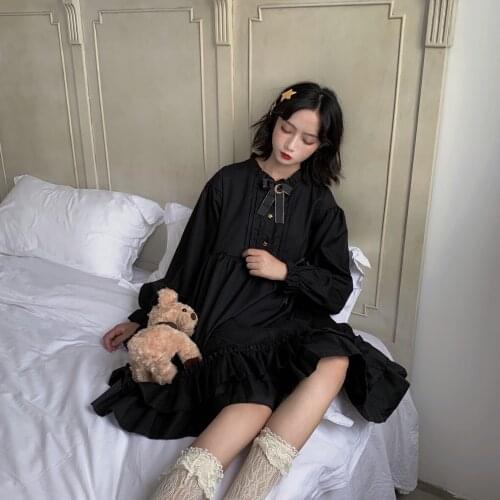 Japanese Mori Girl Gothic Black Ruffles Dress Women Preppy Style Mini Lolita Dress Harajuku Kawaii Bow Cosplay Lolita Party Dres