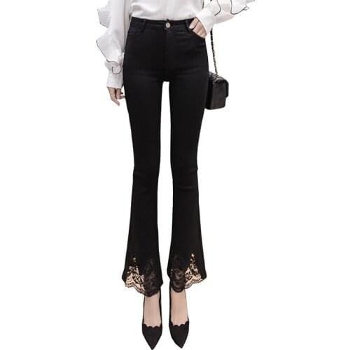 Ladies Trumpet Denim Pants New High Waist Lace Stitching Black Casual Pants Slim Plus Size Stretch Jeans Womens clothing AH120