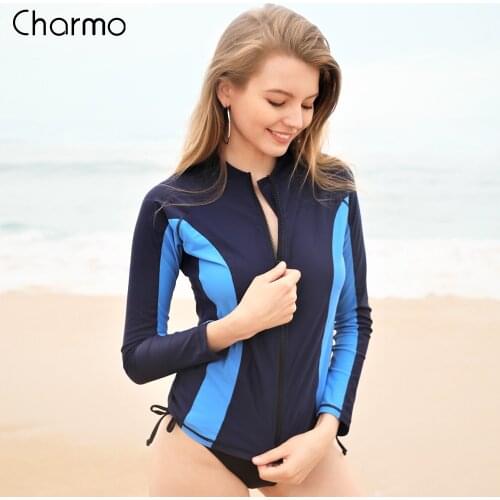 Charmo Women Long Sleeve Zipper Rashguard Swimsuit Surfing Top Rash Guard Zipper UPF50+ Running Shirt Biking Shirt Swimwear