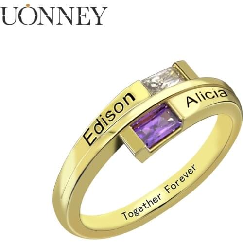 Uonney Dropshipping Personalized Two CZ Ring For Women New Design 12 Color Birthstone Ring For Couple Special Gift