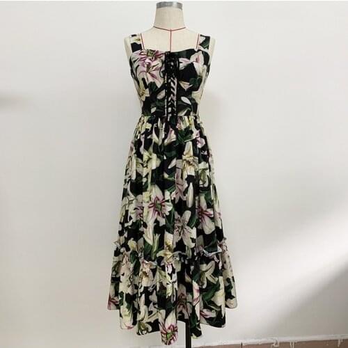 Womens Strap Spaghetti Lily Floral Print Rope Lacing Up Midi Dress 2021 Designer Runway Dress