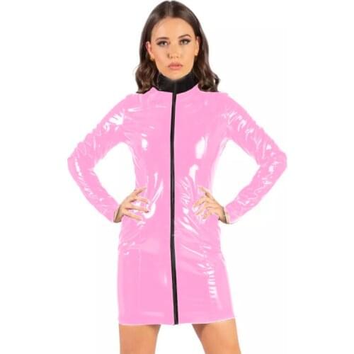 Summer Mini Dress for Women Vinyl Long Sleeve Black Neck Mini Clubwear Plus Size PVC Vintage Fancy Dress Halloween Costume