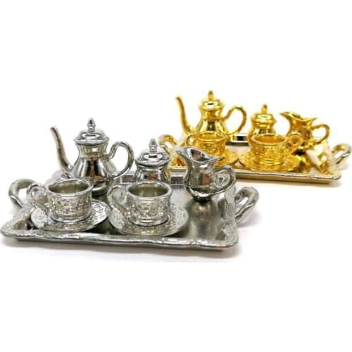 10Pcs/set Doll House Miniature Metal Tea Doll House Furniture Miniature Dining Tableware Toy Teapot Cup Plate