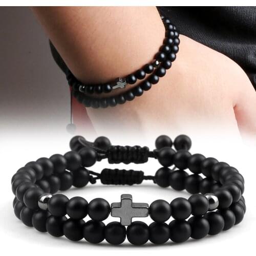 2pcs Cross 6mm Beaded Bracelet Set Couple Distance Natural Tiger Eye Stone Onyx Lava Rock Bralcelets Handmade Bangles Jewelry