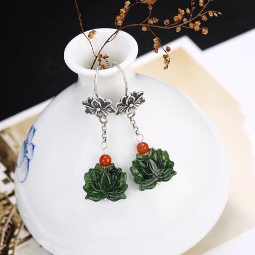 2018 Earings Fashion Jewelry Hetian Jade South One Luyin S925 Pure Inlay Ms Lotus Flower Wholesale High-grade Pendant Earrings