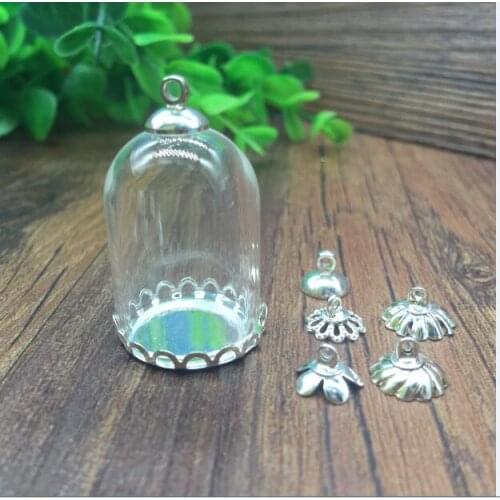 5sets/lot 30*20mm tube glass globe silver plated color 20mm metal lace base cap set glass vials pendant glass bottle accessories