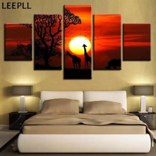 5 Pieces Animal Giraffe Tree Sunset Scenery Living Room Wall Decor Modern Hd Prints Paintings Modular Canvas Pictures Home Decor