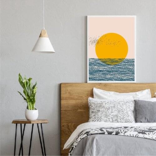 Abstract Ocean Sunset Landscape Poster Geometric Tropical Birds Modern Wall Art Canvas Painting Decorative Picture for Room