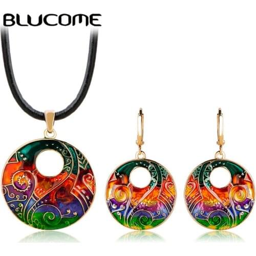Blucome Colorful Big Round Necklace Earrings Set Rope Chain Choker Pendant Long Drop Pendientes Women Girls Enamel Jewelry Sets