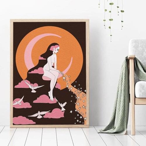 Bohemian Poster and Prints 70s Psychedelic Art Orange Moon Goddess Canvas Painting Abstract Wall Pictures Living Room Home Decor