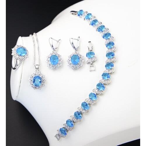 Funmode 4pcs Blue Zircon Wedding Bridal Link Chain Necklace Jewelry Sets For Women Accessories Wholesale FS105