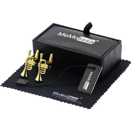 MeMolissa Display Box Trendy Golden Horn Cufflinks Classic Musical Instrument Cufflinks Christmas Gift Free Tag & Wipe Cloth