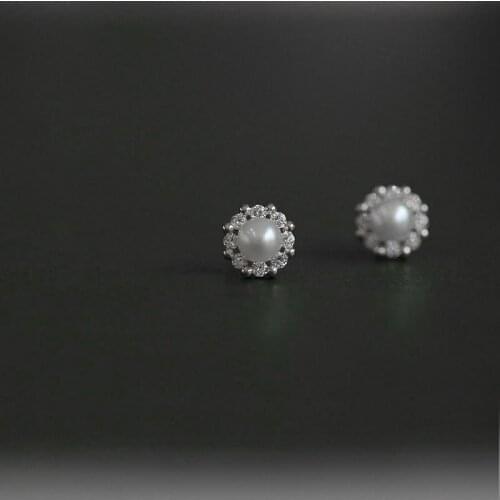 Cute Female Small Round Pearl Stud Earrings Crystal Zircon Stone Wedding Earrings 925 Sterling Silver Gold Earrings For Women
