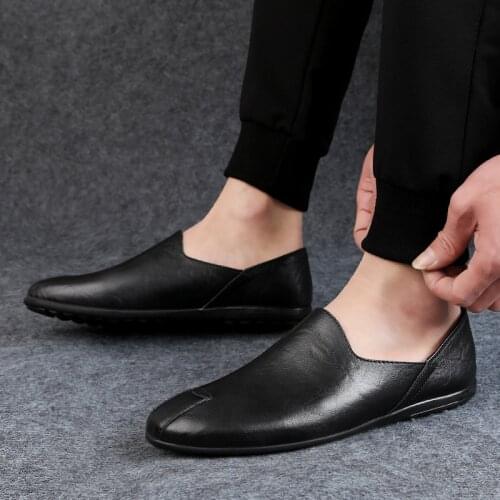 New Men Leather Shoes Casual Breathable Slip-on Mens Loafers Black Business Shoes Soft Driving Shoes Big Size Summer Men Shoes
