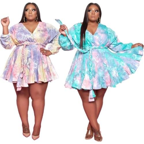 Plus Size Printed V-Neck Sexy Woman Culottes Mini Dress with Belt Female Long Sleeve Slim Oversize Short Skirt Loose Dresses 5XL