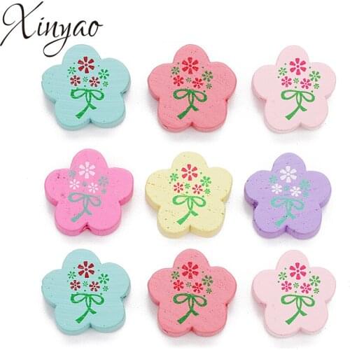 XINYAO 30Pcs 19mm Colorful Flower Natural Wood Beads Cute Wood Charm Loose Spacer Beads For DIY Jewelry Making Findings F7581