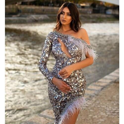 Luxury Sequined Beaded Long Mermaid Prom Dresses One Shoulder Feather Sexy High Side Split Prom Gown Formal Dress Robe De Soiree
