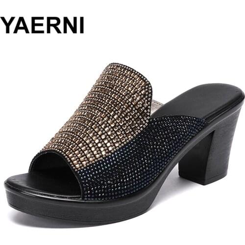 YAERNISummer rhinestone genuine leather shoes | Summer slippers 2020, womens slippers, comfortable heels, non-slip, summer