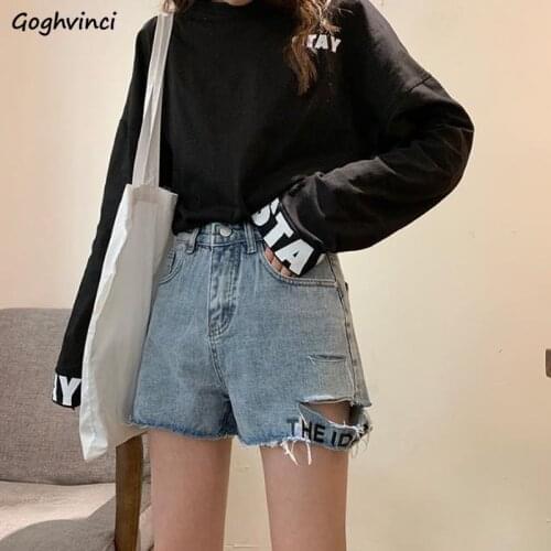 Shorts Women Summer Denim High Waist Holes Ripped Letter Embroidery Womens BF Street Wear Ulzzang Students Fur-line Leisure New