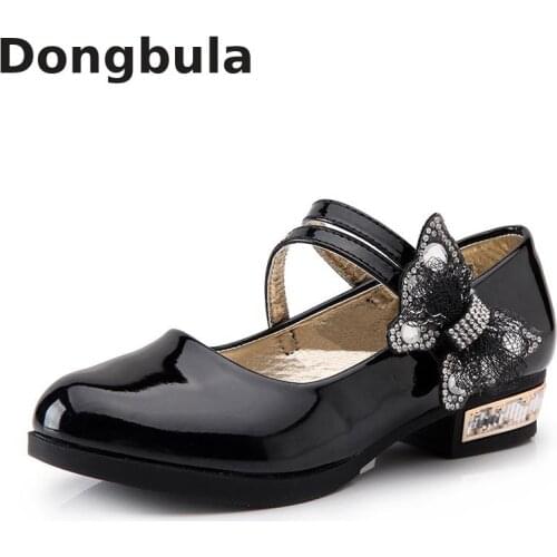 2020 Childrens For Girls Leather Shoes Kids Princess Shoes Fashion Diamond Butterfly School Shoes Black Low Heels Party Dancing