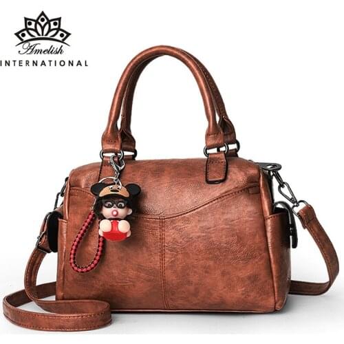 AMELISH Vintage Boston Bags for Women 2021 Casual Girl Student Pendant Handbag Fenale Designer PU Leather Messenger Hand Bag