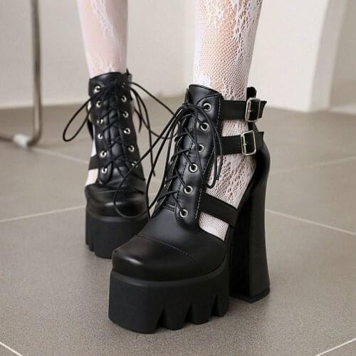 Hollow Out Summer Ankle Boots for Women Gladiator Boots High Heel Lace-up Punk Gothic Platform Shoes with Zipper Size 33-43