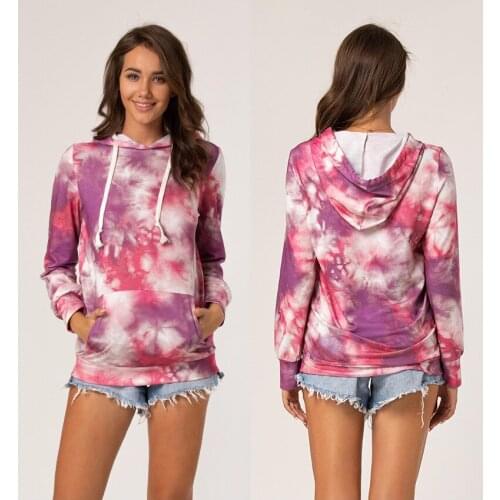 Women Autumn Top Fashion Tie Dye Printed Hooded Tops Loose Tracksuit Casual Pullover Long Sleeve Pocket Sweatshirts Stylish Top