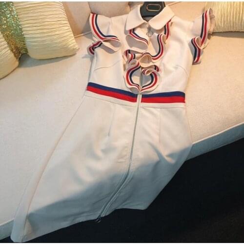 French style retro palace flying sleeve hit color dress women small fragrance ruffled sleeveless dress a-line