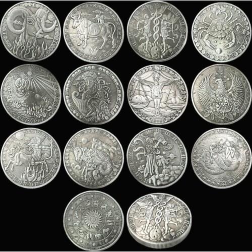 12PCs Twelve Constellation Zodiac Silver Commemorative Coins Euro Astrology Tarot Wishing Sun God Lucky Love Souvenir Medals