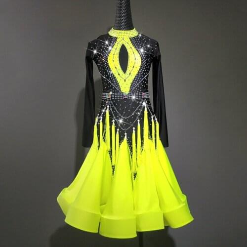 2021 Fluorescent Yellow Latin Dance Competition Dress Women Long Sleeves Rhinestone Fringe Dance Wear Girls Latin Dress BL6930