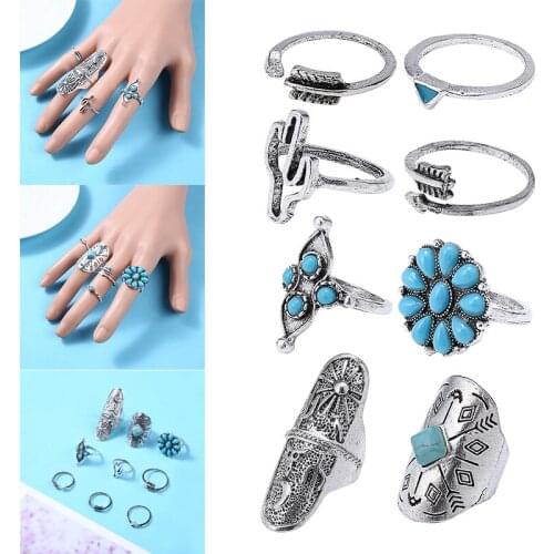 9 pcs/set Bohemian Ring Vintage Carved Pattern Flower Finger Ring Totem Ring Set Punk Style Silver Color Female Jewelry Gift