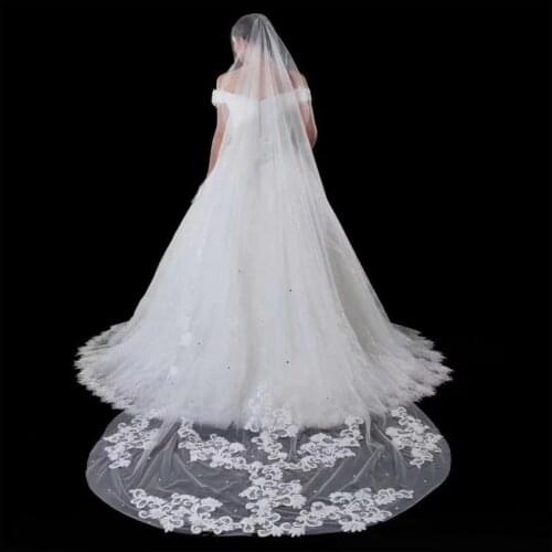Ivory White Bridal Veils Tulle Lace Applique Pearls Beaded Chapel Length One Layer Wedding Wraps Free Shipping
