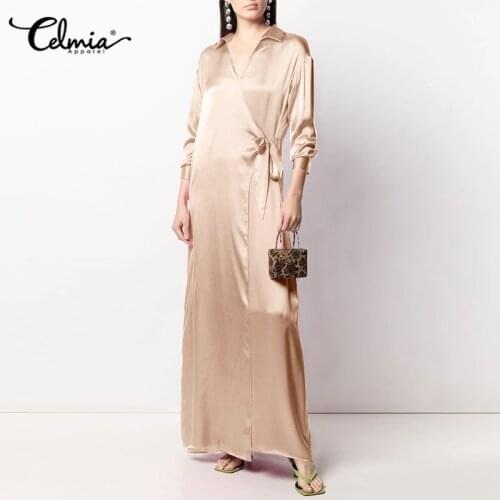 Celmia Satin Silk Sexy Turn-down Collar Dress Women 2021 Fashion Wrapped Party Maxi Vestidos Elegant Long Sleeve Robes Dresses