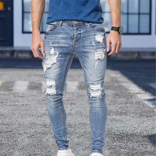 Mens Fashion Jeans Slim Fit Male Ripped Skinny Pants High Quality Stretch Hole Blue Denim Man Clothing Casual Biker Trousers