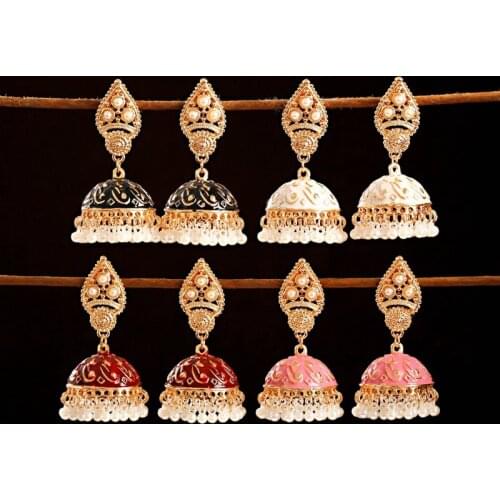 Ethnic Retro Geometric Turkish Jhumka Earrings For Women Indian Jewelry Flower Gold Bell Tassel Dangling Earrings