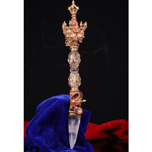 11"Tibet Buddhism Old Natural Crystal Filigree mosaic Bronze Gem Three-sided Mahakala Head Statue Dorje Vajra Phurpa Town House