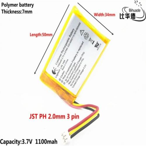 JST PH 2.0mm 3 pin Liter energy battery 3.7V,1100mAH,703450 Polymer lithium ion / Li-ion battery for TOY,POWER BANK,GPS,mp3,mp4
