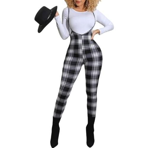 New Arrival Spring Ladies Sexy Suspender Slacks Ladies Plaid High Waist Pants Jumpsuit Red/Black/Blue Gray/Yellow
