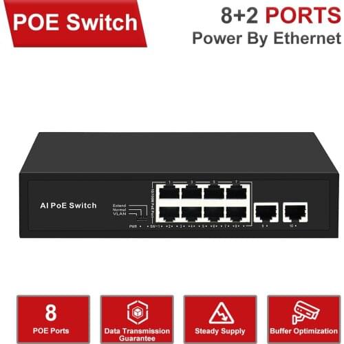 8 Port 100Mbps IEEE802.3af POE Switch/Injector Power over Ethernet Network Switch for IP Camera VoIP Phone AP devices 2 Up-link