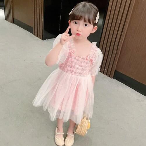 LISUNNY 2021 Summer Girls Dress Children Lace Bowknot Princess Dress Casual Style Plaid Dress Outdoor Kids Vacation Costume