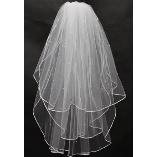 Best Selling Pearls Tulle Short Bridal Veils Ribbon Edge White Ivory 3 Layers Wedding Veil Bridal Accessories