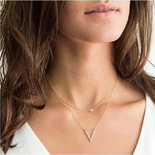 Layered Necklace Satellite Chain Choker V Shaped Pendant Crystal bead Charm Jewelry for Women and Girls Gift