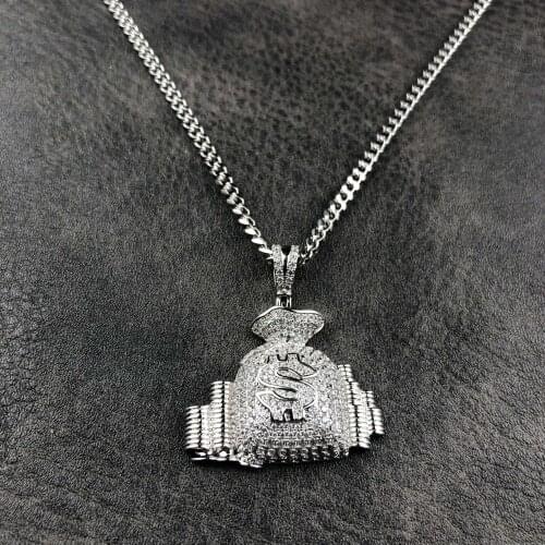 Unique Hiphop Dollar Purse Crystal Inlay Copper Pendant Necklace