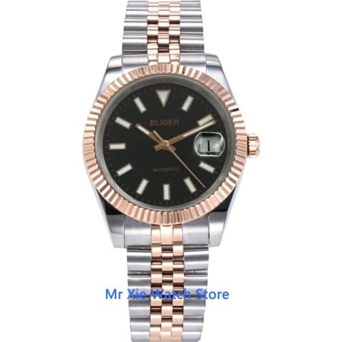 Bliger 40mm Automatic Mens Watch Rose Gold Luxury Sapphire Glass Luminous Waterproof Calendar Mechanical Wristwatch Men