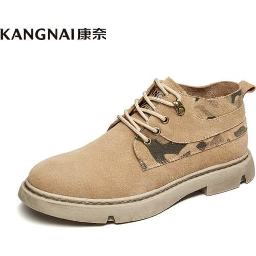KANGNAI Men Boots Camouflage Lace-Up Man Ankle Boots Cow Suede Casual Winter Shoes