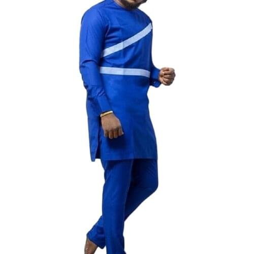 Royal Blue Cotton Patchwork Tops+Solid Trousers Africa Style Custom Cotton Mens Suits Dashik Fashion Wedding Party Wear