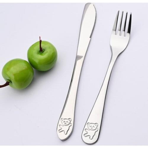 Kids Cutlery Bear Pattern Carving Fork Knife Spoon Utensils Set Stainless Steel Silverware Set Children Tableware Flatware Set