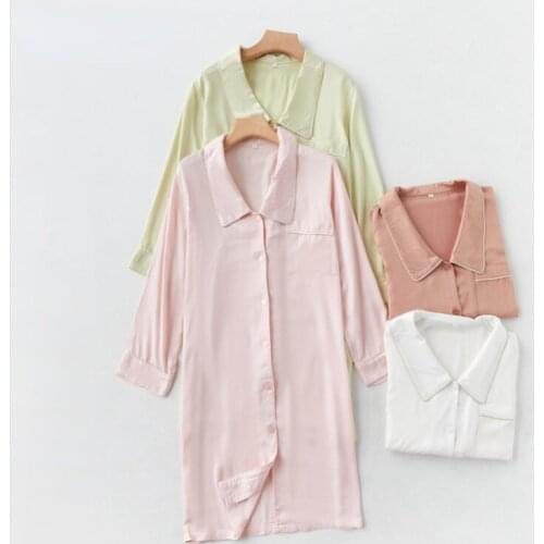 2021 Autumn Satin Long Nightdress Light Shirt Home Service Pointed Collar Solid Color Sleep Dress Female Simplicity Nightgowns
